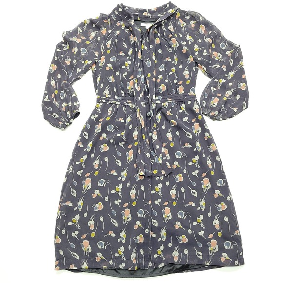 Boden Dresses & Skirts - Boden Dress Women 4R Blue Gray Floral 100% Silk Long Sleeve Sheer Occasion